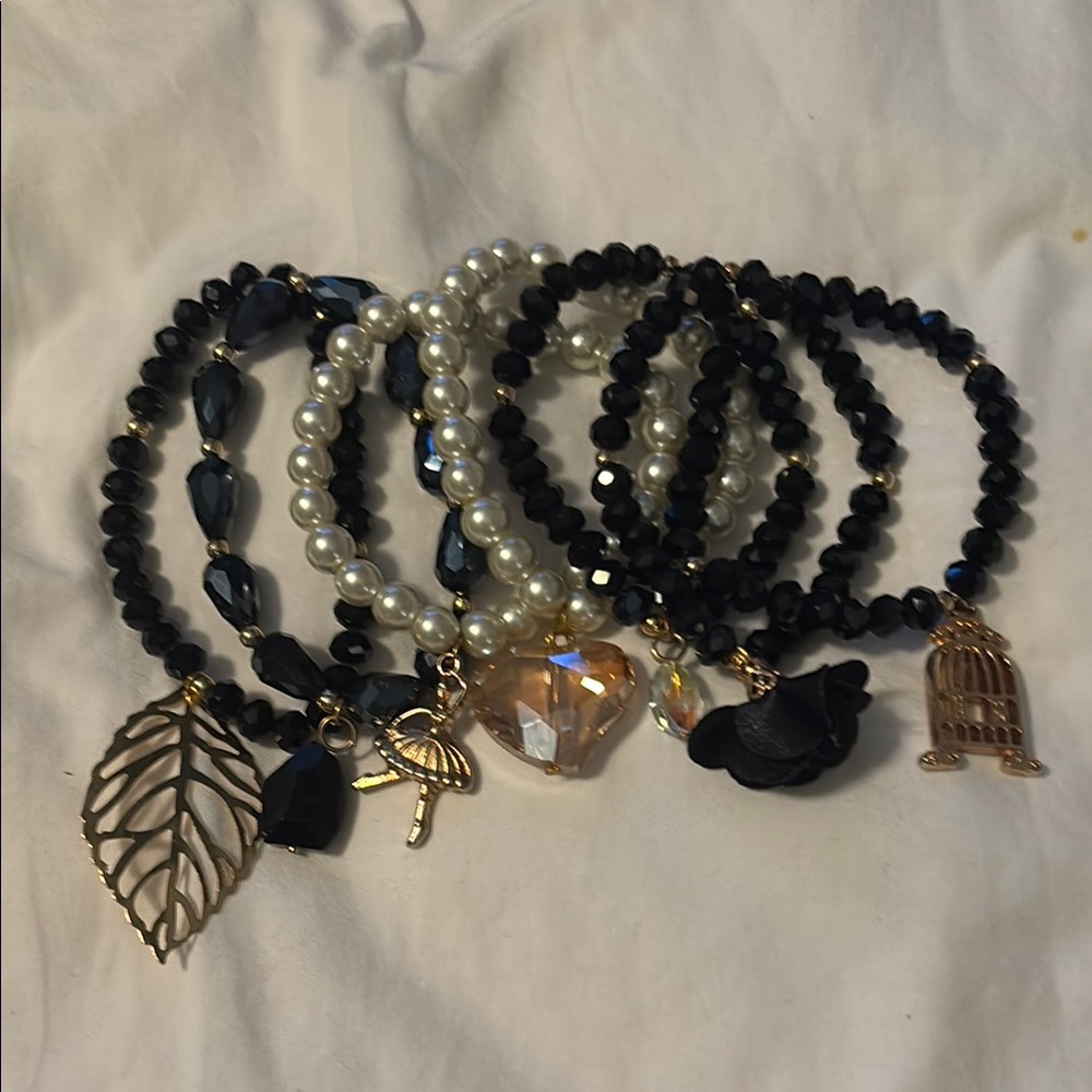 Black and Gold Beaded Charm Bracelet Set